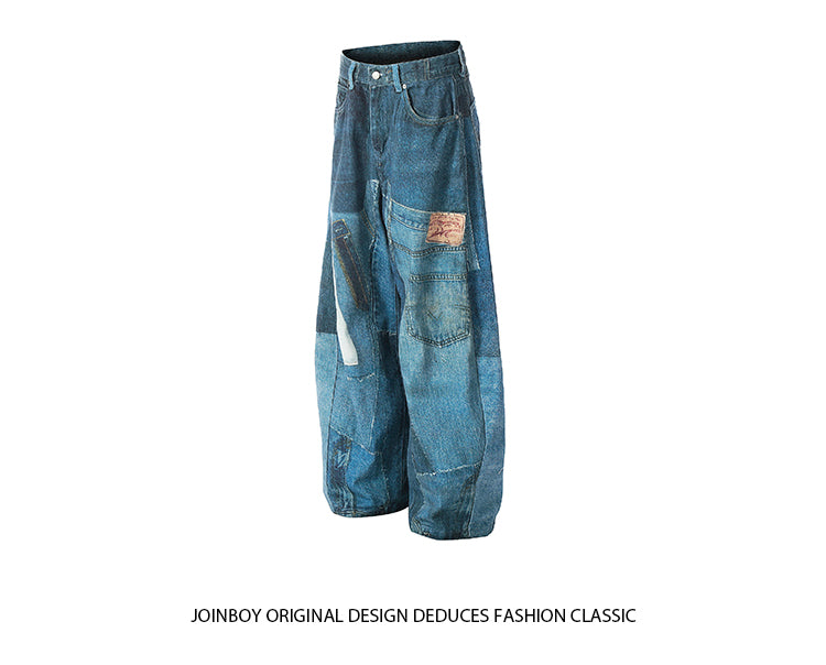 Printed Washed Denim Fabric Creative Design Color Block Feel Scimitar Pants Wide Leg Jeans