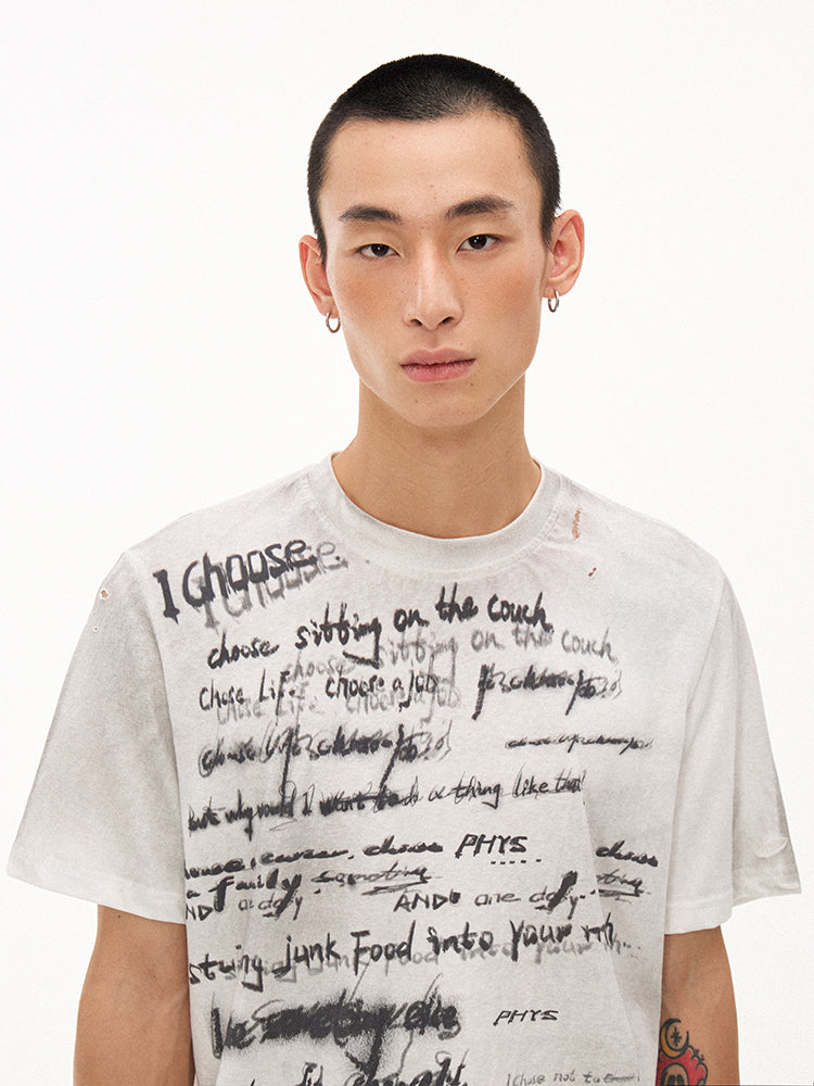 Handwritten Print Soft Skin-friendly Distressed Loose Short Sleeve T-shirt