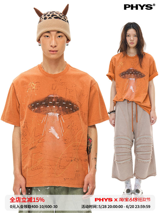 Alien Piggy 230g UFO Piggy Print Orange Short Sleeve T-Shirt