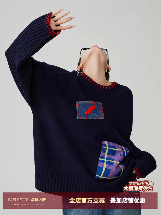 Color-Block Hand-Embroidered Patchwork Sweater – Japanese Niche Knit Top