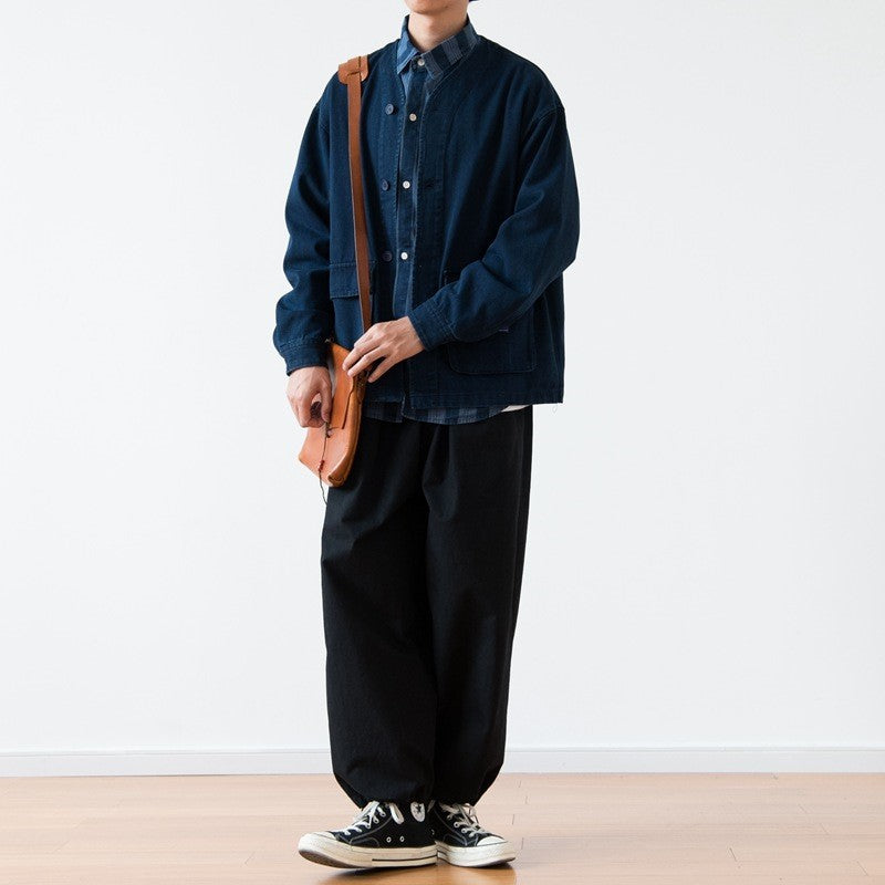 Vintage Washed Denim Collarless Shirt – Japanese Style Long Sleeve (Unisex)