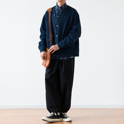 Vintage Washed Denim Collarless Shirt – Japanese Style Long Sleeve (Unisex)