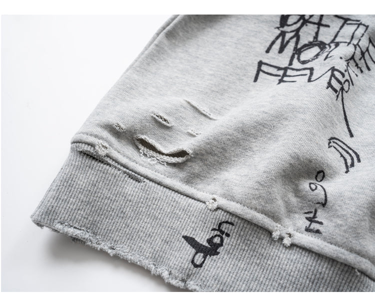 Retro Washed Graffiti Print Crewneck Sweatshirt – Distressed Loose Unisex