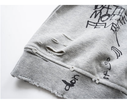 Retro Washed Graffiti Print Crewneck Sweatshirt – Distressed Loose Unisex