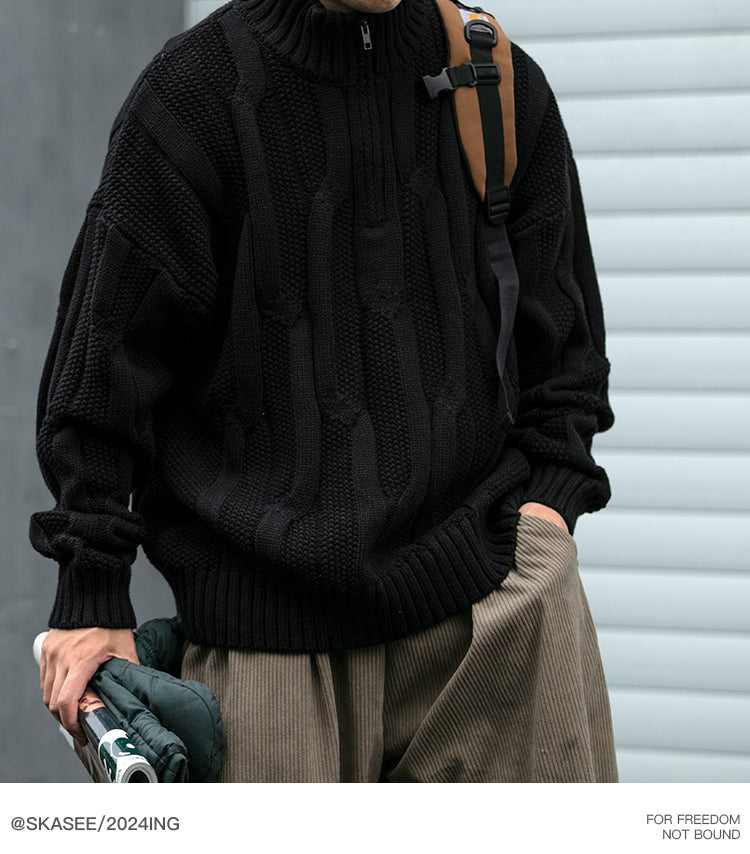 Winter Heavyweight High Grammage Non-Itchy Thick Cable Knit Stand Collar Pullover Sweater American Retro Half-Zip Thickened Coat