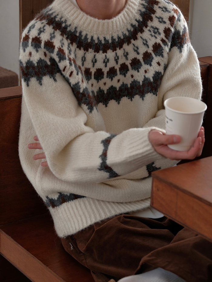 Coke Life CARPEM Winter Fair Isle Sweater - Thickened Coarse Knit Handmade Jacquard Round Neck Top