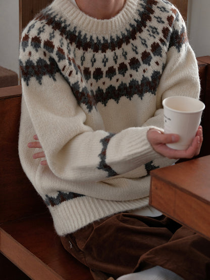 Coke Life CARPEM Winter Fair Isle Sweater - Thickened Coarse Knit Handmade Jacquard Round Neck Top