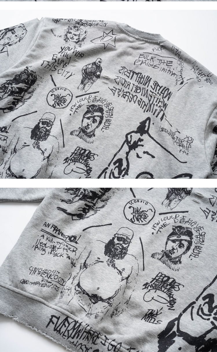 Retro Washed Graffiti Print Crewneck Sweatshirt – Distressed Loose Unisex