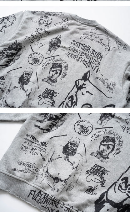 Retro Washed Graffiti Print Crewneck Sweatshirt – Distressed Loose Unisex