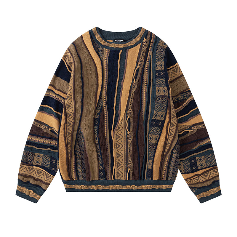 Vintage Pop Style Bitter Melon Striped Ethnic Sweater