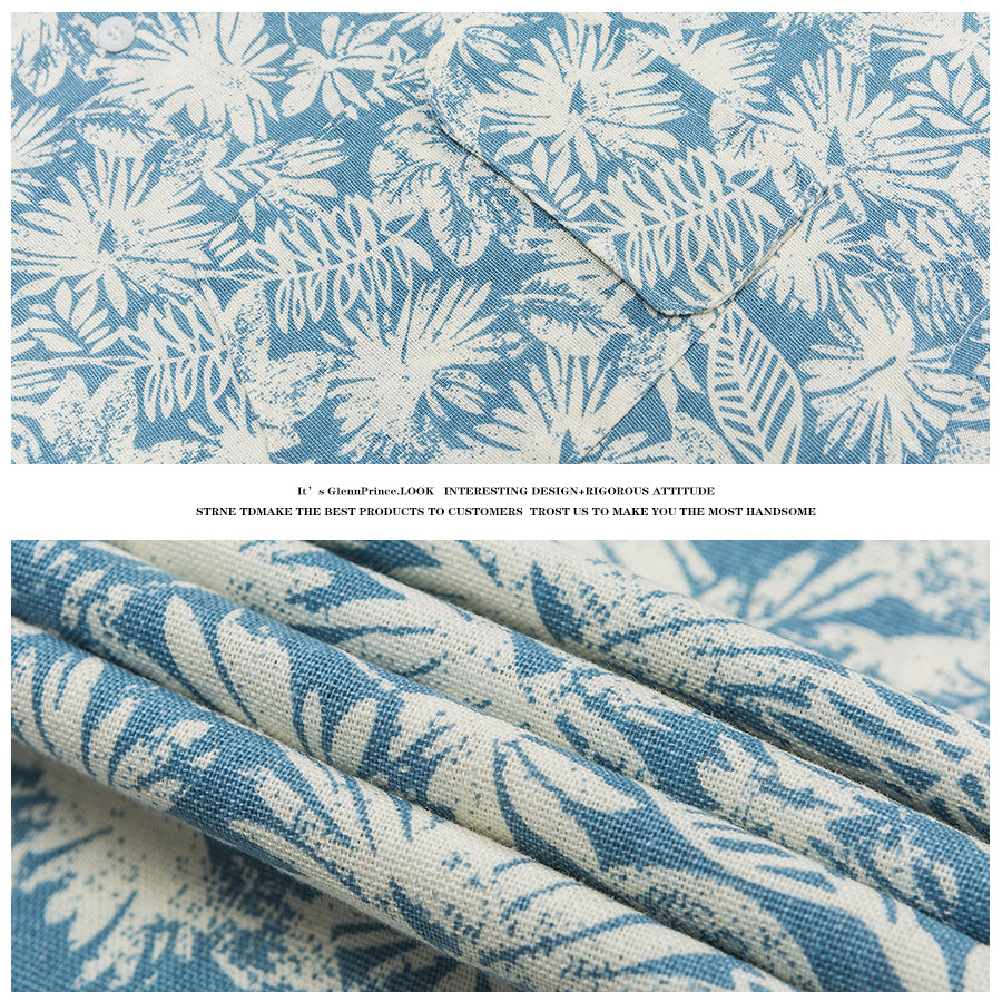 Japanese Retro Floral Cotton Linen Short Sleeve Shirt Men Summer Hong Kong Style Trendy Beach Casual Floral Shirt