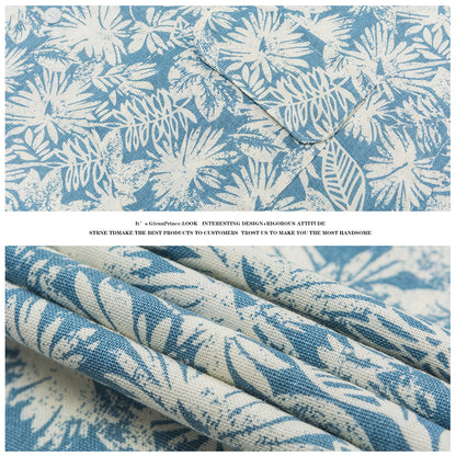 Japanese Retro Floral Cotton Linen Short Sleeve Shirt Men Summer Hong Kong Style Trendy Beach Casual Floral Shirt