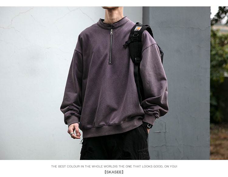 Unisex 465g Washed Vintage Sweatshirt - Boxy Half-Zip Snowflake Knit Pullover