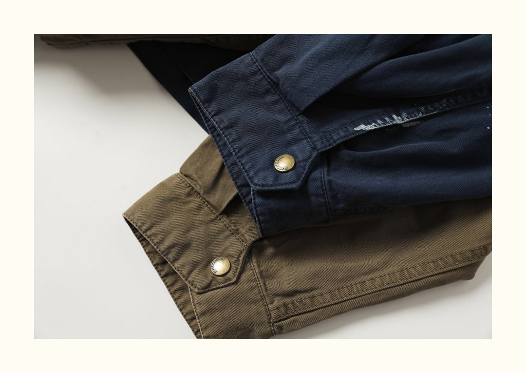 Heavy-Duty Washed Multi-Pocket Workwear Jacket – Ink-Splattered, Turn-Down Collar (Unisex)