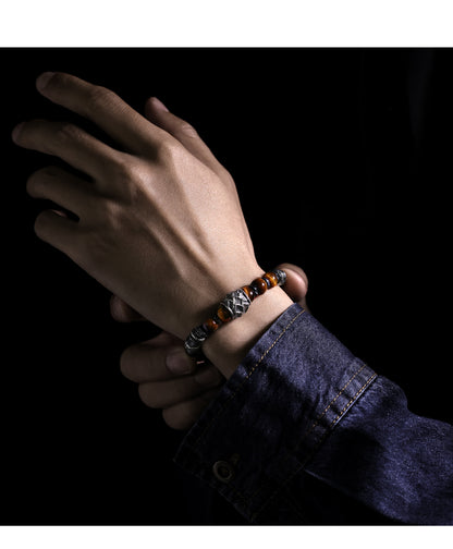 Yinshu Original Handmade &lt;Hammered&gt; Bracelet for Men Niche 999 Pure Silver Tiger Eye Stone Men's Vintage Bracelet