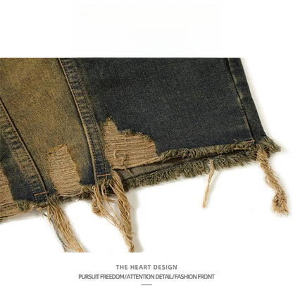 Vintage Distressed Turn-Down Collar Short Fringe Raw Edge Denim Vest Men's Functional Style Workwear Stylish Vintage Vest