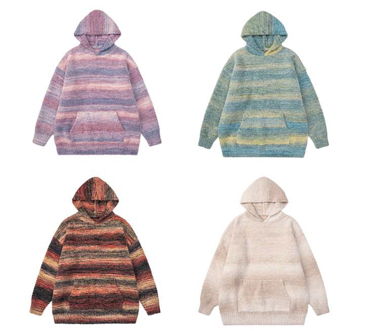 MEDRIA Retro Colorful Hoodie Knitwear for Men and Women Autumn Winter National Trend Loose Lazy Style Warm Sweatshirt Couple Outfit