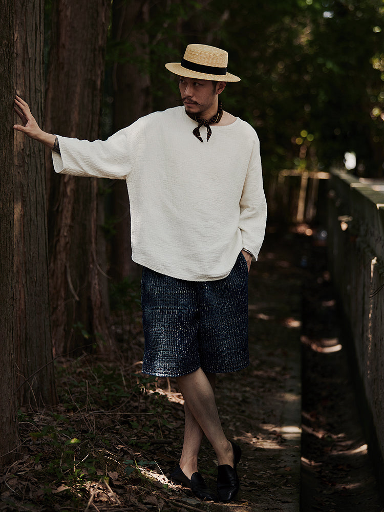 Original Japanese Retro White Sashiko Spring Summer Loose Couple Style Short Sleeve Embroidered Casual Three-Quarter Sleeve T-Shirt for Men