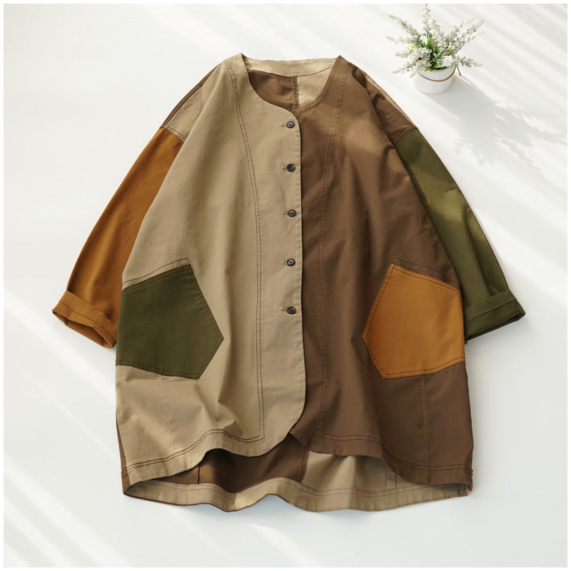 Color-Block Mid-Length Trench Coat – Japanese Retro V-Neck Single-Breasted Jacket