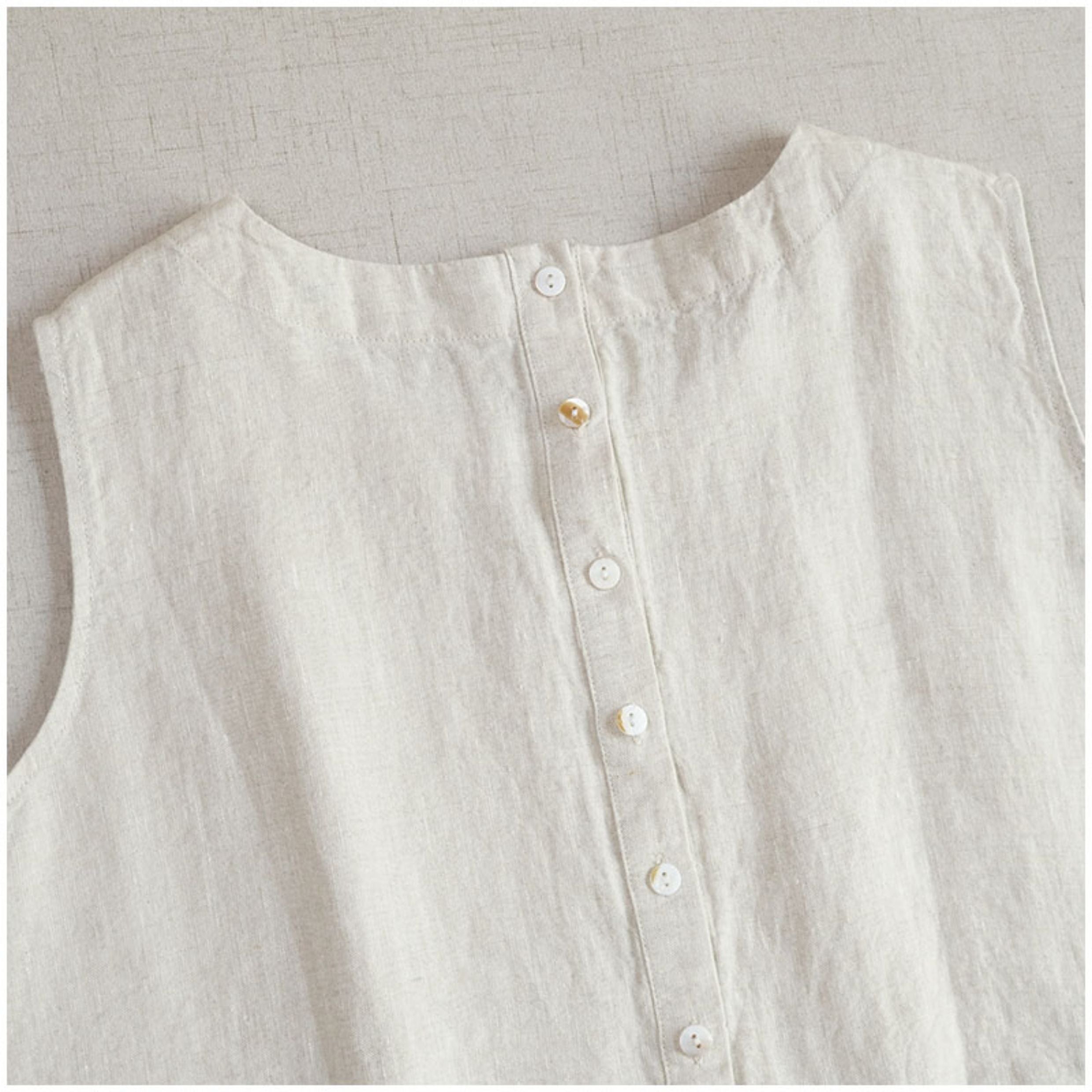 Linen Color-Block Mori Girl Tank Dress – High-Waist, Loose, Round Neck