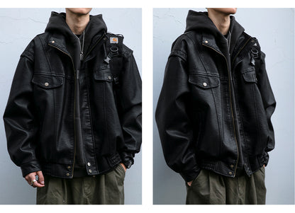 Men's American Retro Leather Jacket - Lychee Grain Stand Collar Motorcycle Coat