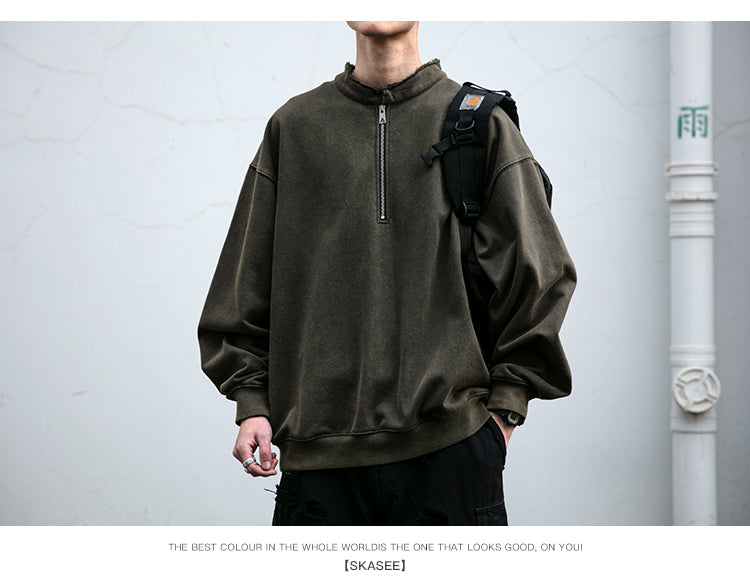 Unisex 465g Washed Vintage Sweatshirt - Boxy Half-Zip Snowflake Knit Pullover