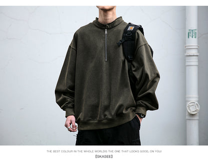 Unisex 465g Washed Vintage Sweatshirt - Boxy Half-Zip Snowflake Knit Pullover