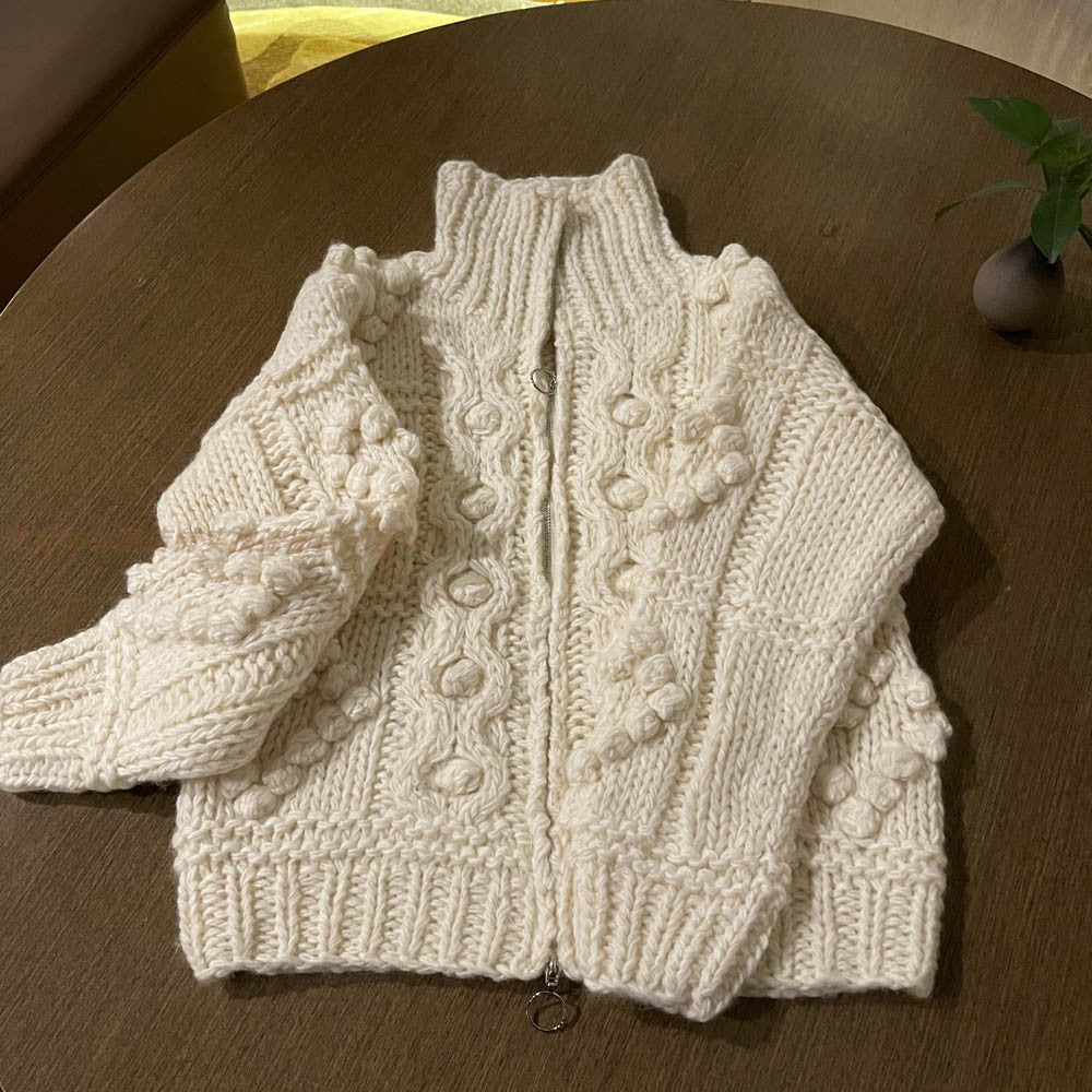 Women's Winter Wool Sweater Coat - Japanese Handmade Thick Yarn Ball Zipper Loose Knitted Top