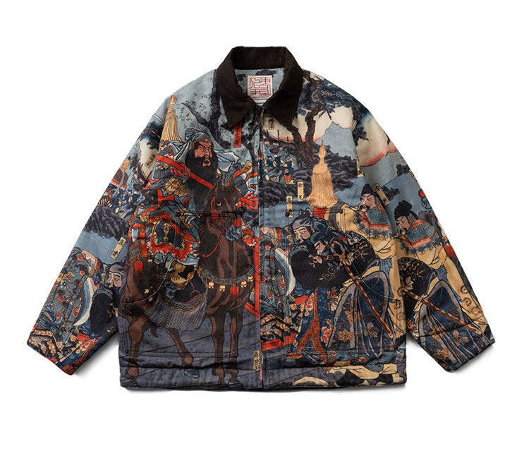 Three Kingdoms Guan Yu Print Cotton Jacket - Custom Fabric Winter Coat (Unisex)