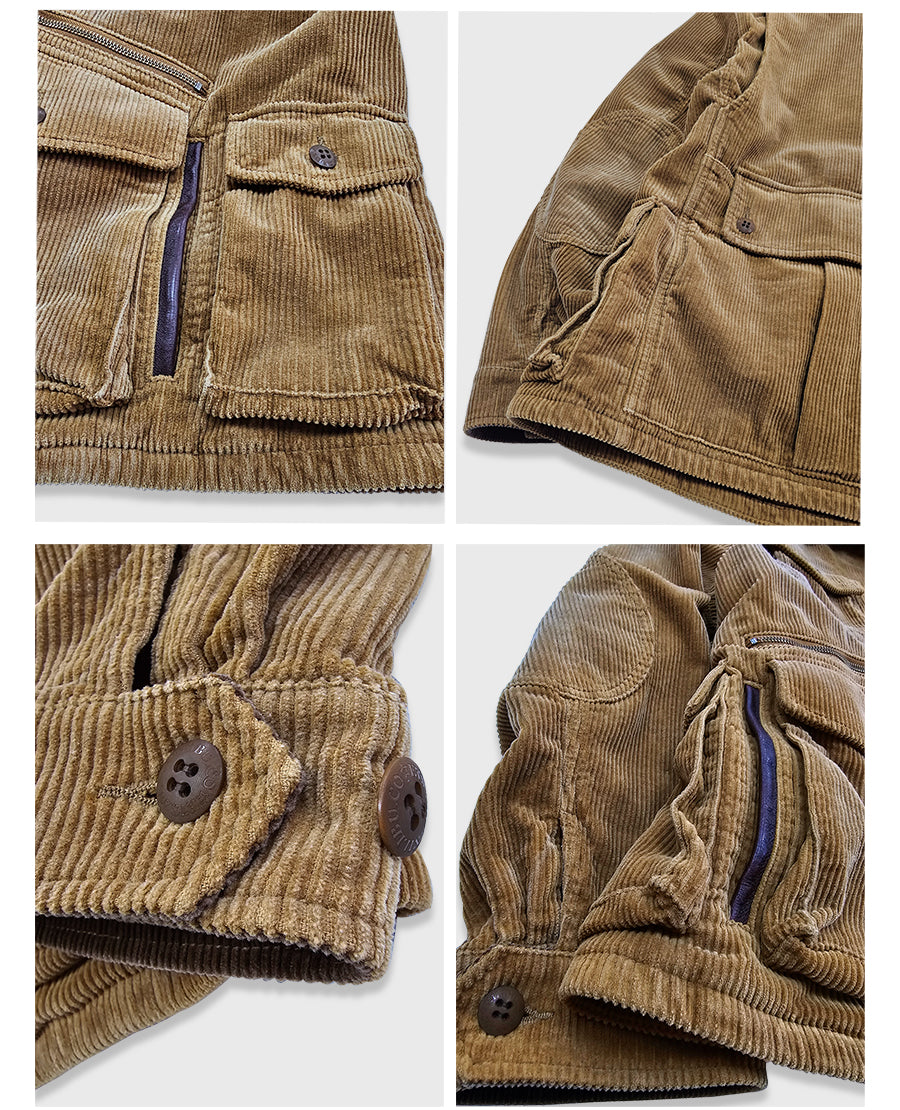 Corduroy Western Hunting Jacket for Men, Washed Multi-Pocket Outdoor Adventure Workwear Retro Windbreaker Jacket