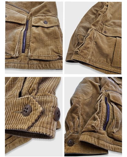 Corduroy Western Hunting Jacket for Men, Washed Multi-Pocket Outdoor Adventure Workwear Retro Windbreaker Jacket