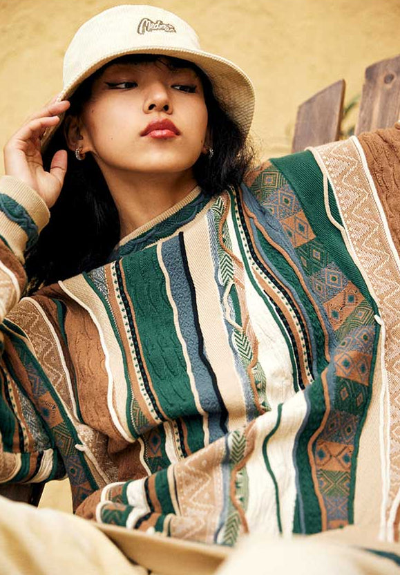 Medria New Year Limited Edition Sweater - Retro Bitter Melon Stripe Multi-Color Pullover