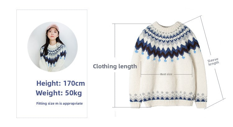 Hand-Knitted Icelandic Japanese Retro Unisex Sweater Couple Travel Fair Isle Cat Minimalist Style Pullover