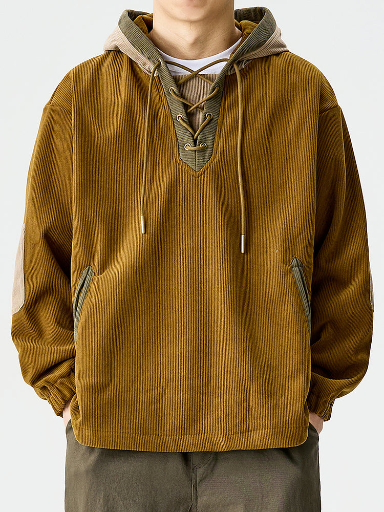 Lazy Day Corduroy Color-Block Hoodie – Retro American Loose Casual Top