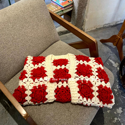 Women's European French Retro Color Block Cardigan - Handmade 3D Rose Crochet Hollow Knit Sweater