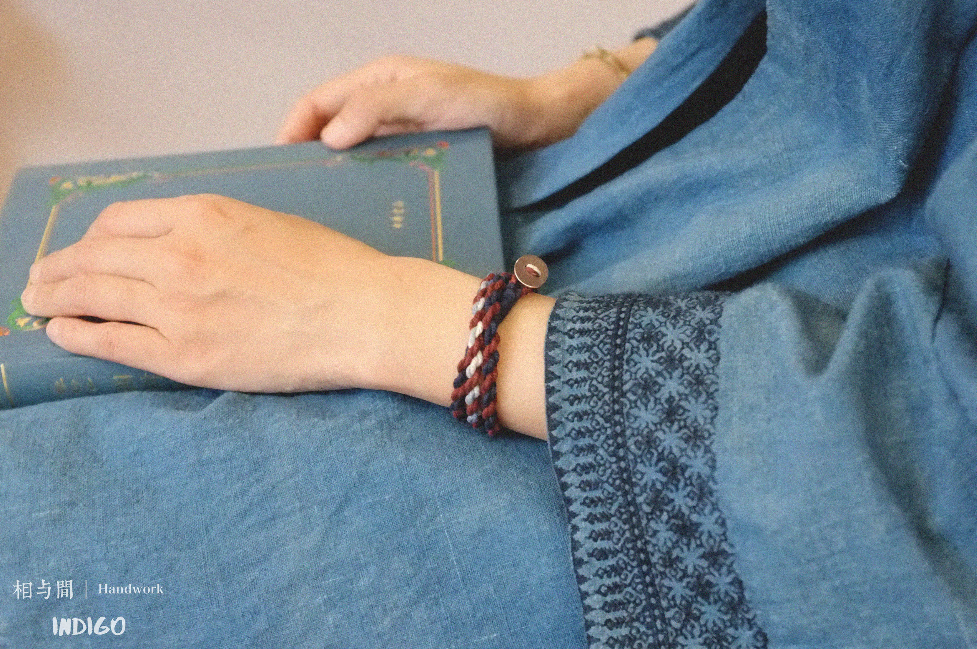 Original Four-Strand Weaving Blue Dyed + Madder Red Hand Rope Cotton Linen Niche Couple Retro Multi-Twist Bracelet