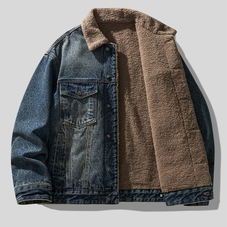 Studio High Street Vintage Washed Denim Jacket - Lamb Wool Winter Coat (Men)