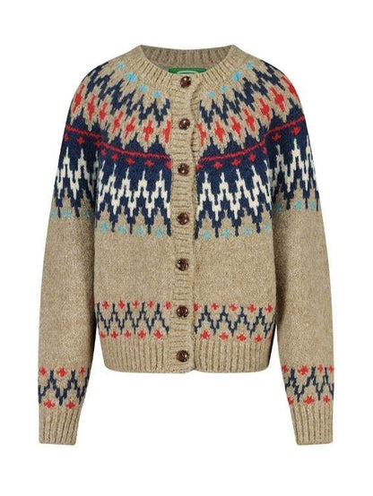 LINHOUSE French Retro Fair Isle Cardigan - Thick Wool Blend Sweater (Women)