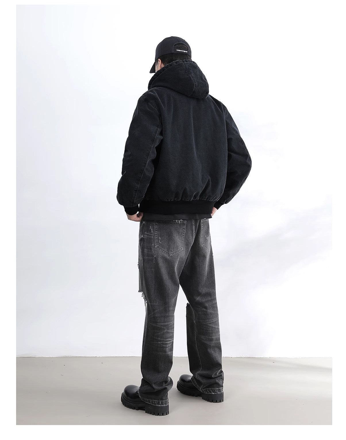 Vintage Wash Distressed Cargo Hoodie Jacket – Thermal Insulated Men's Coat