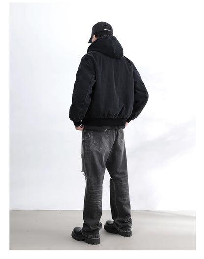 Vintage Wash Distressed Cargo Hoodie Jacket – Thermal Insulated Men's Coat