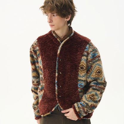 Printed Wool Patchwork Coat - Eco-Friendly Wooden Button Warm Jacket
