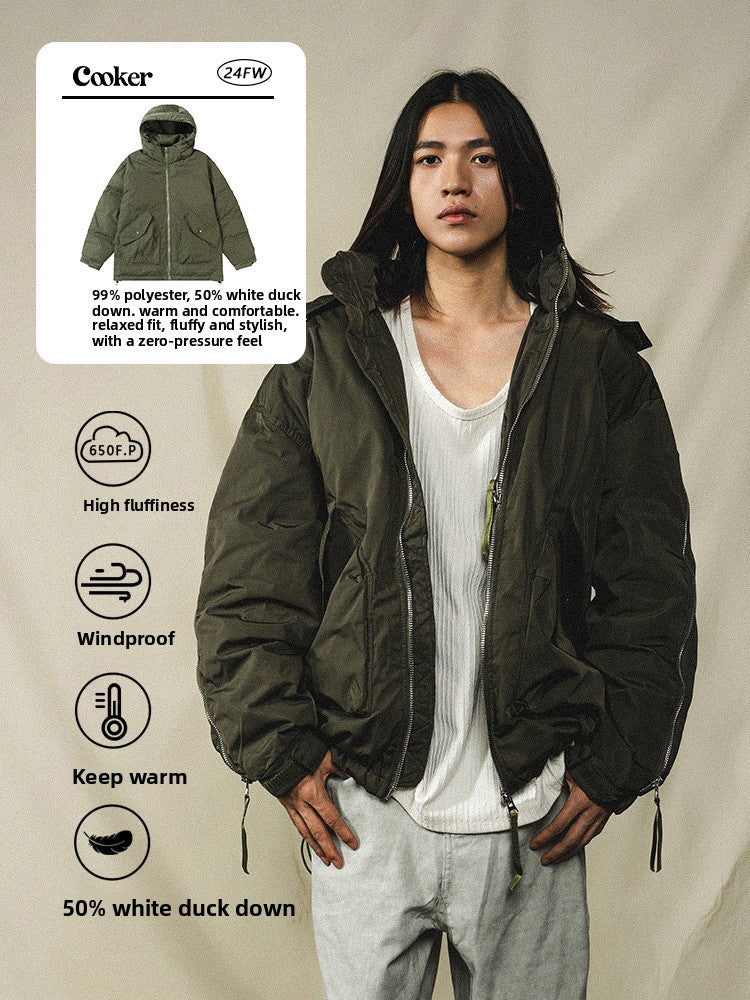 Cooker Stand Collar Hooded Down Jacket Zipper Thickened Trendy Brand Warm Men's New White Duck Down Coat New Winter