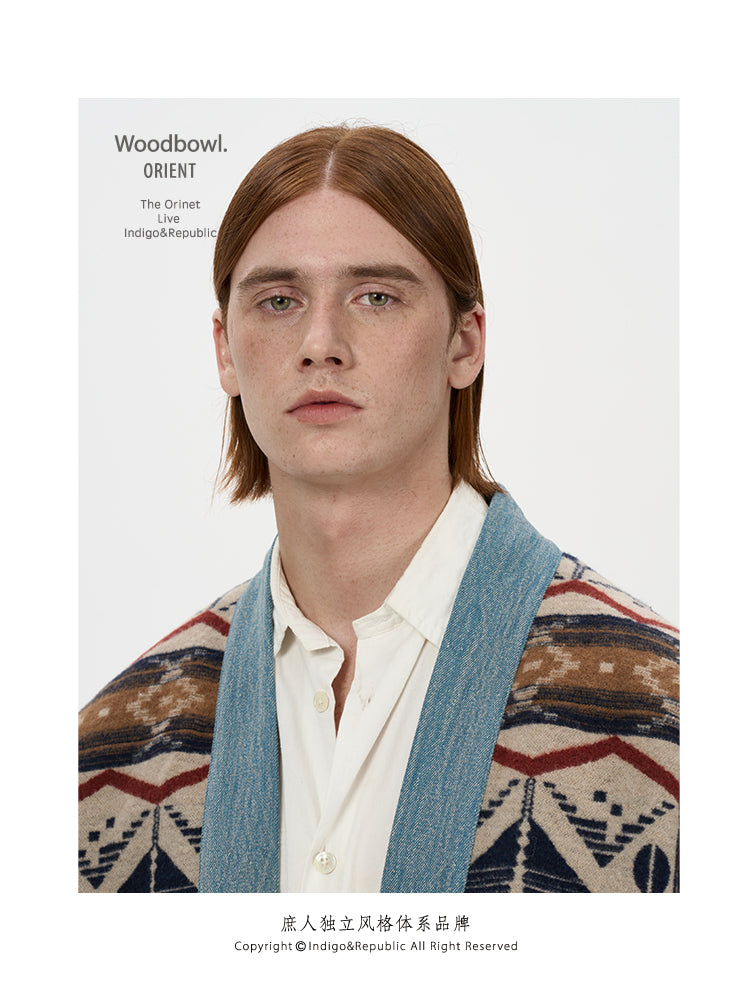 Woodbowl.2023aw Navajo/Woolen Jacket Wool Fabric Tie Ethnic Robe