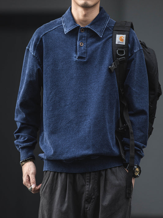 Men's American Retro Washed Denim Sweatshirt - Loose Polo Collar Thick Casual Versatile Top
