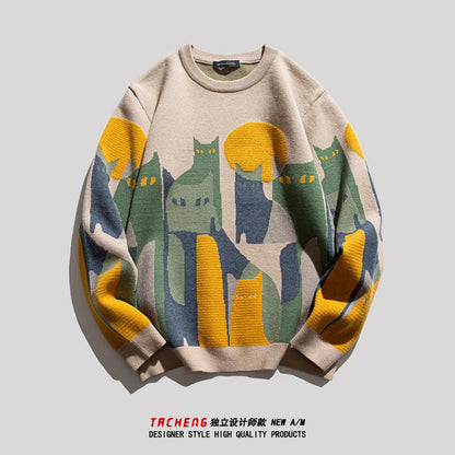 Cat Jacquard Loose Knit Sweater – American Style High-End Feel (Unisex)