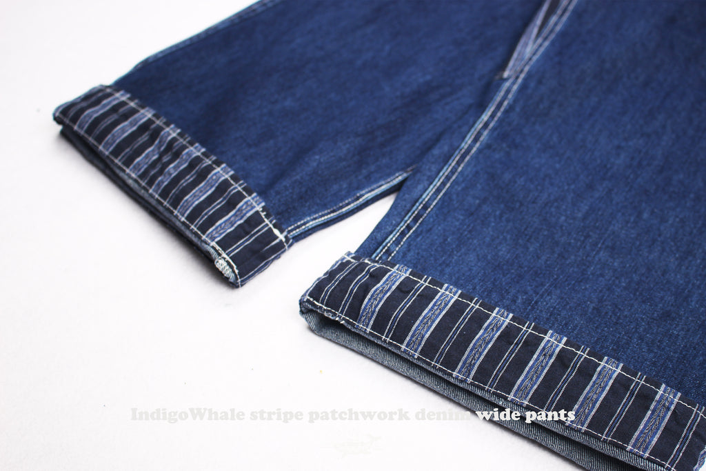 IndigoWhale Bamboo Denim Wide-Leg Patchwork Jeans – Heavy Wash, Drawstring Nine-Point Design