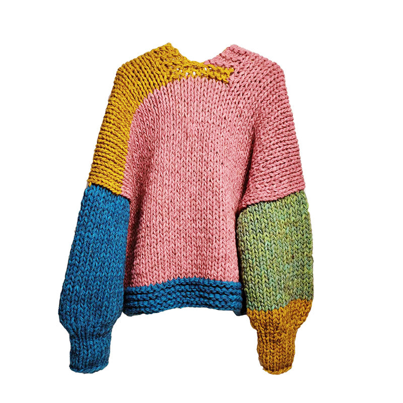 Original Handmade Knitted Lazy Thick Sweater Cardigan for Women Autumn Winter Color Block Patchwork Knitwear