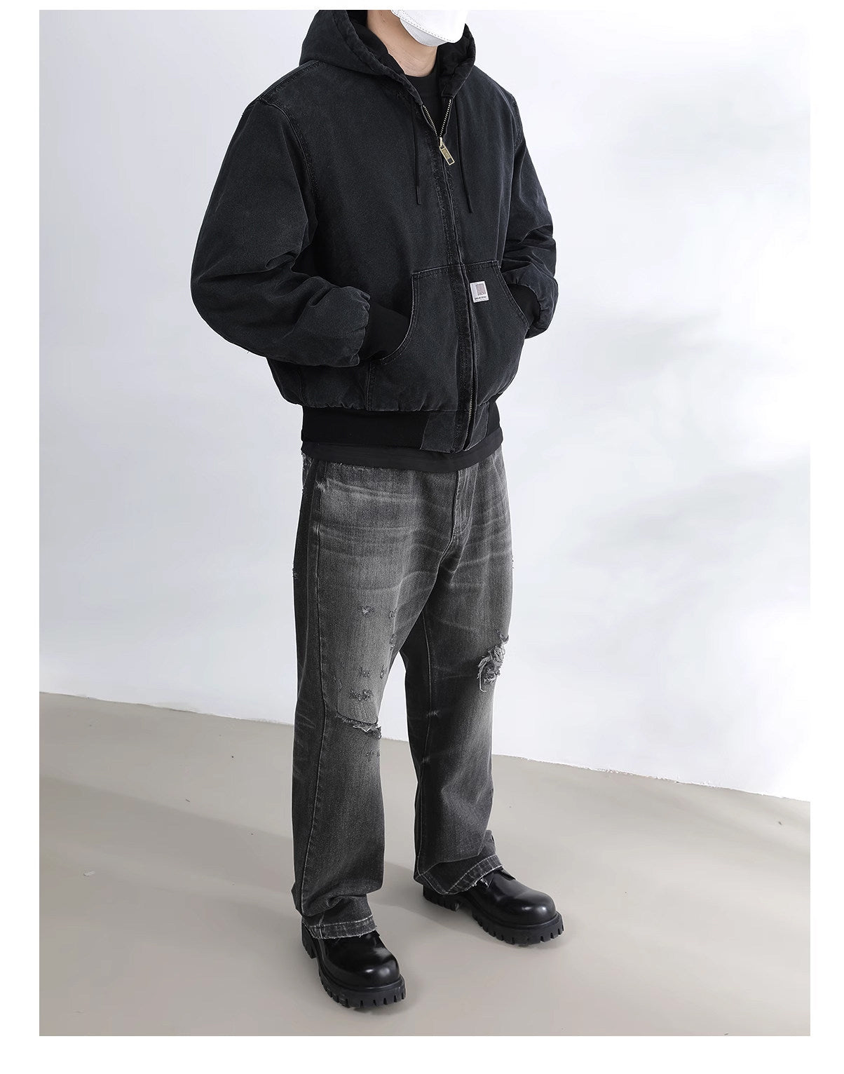 Vintage Wash Distressed Cargo Hoodie Jacket – Thermal Insulated Men's Coat