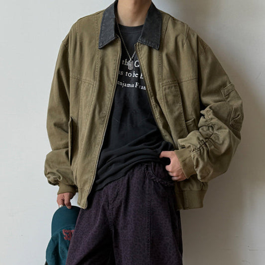 American Vintage Washed Leather Collar Barn Style Men’s & Women’s Autumn Loose Cargo Jacket – Trendy Outerwear