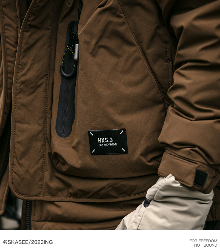 Winter Workwear Hooded Down Jacket Men's Trendy Loose Outdoor Multi-Pocket Functional 90% White Duck Down Warm Coat Trendy